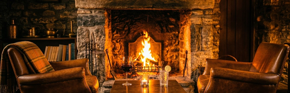 Cozy pub interior with leather armchairs by a warm fireplace