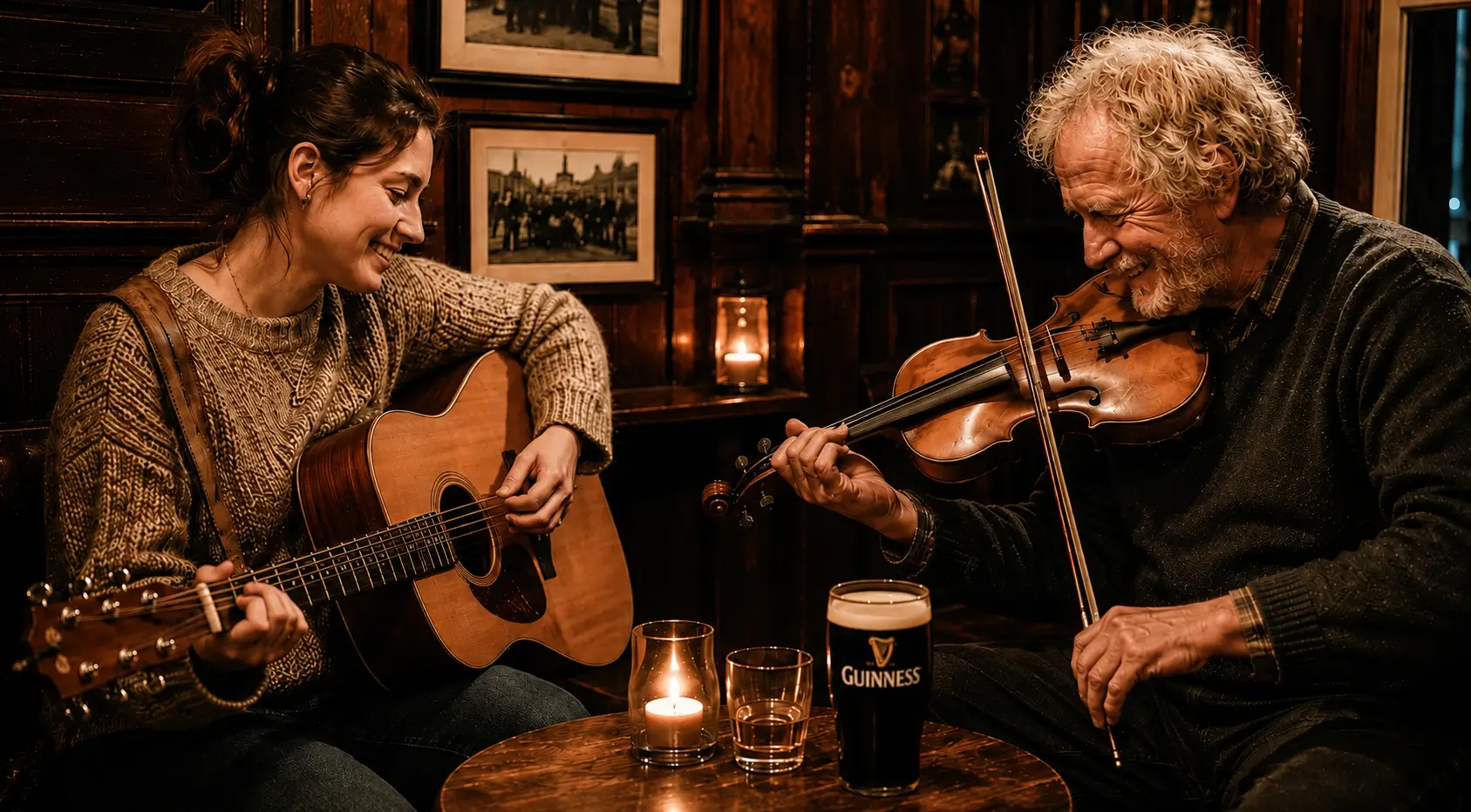 Two musicians playing guitar and violin