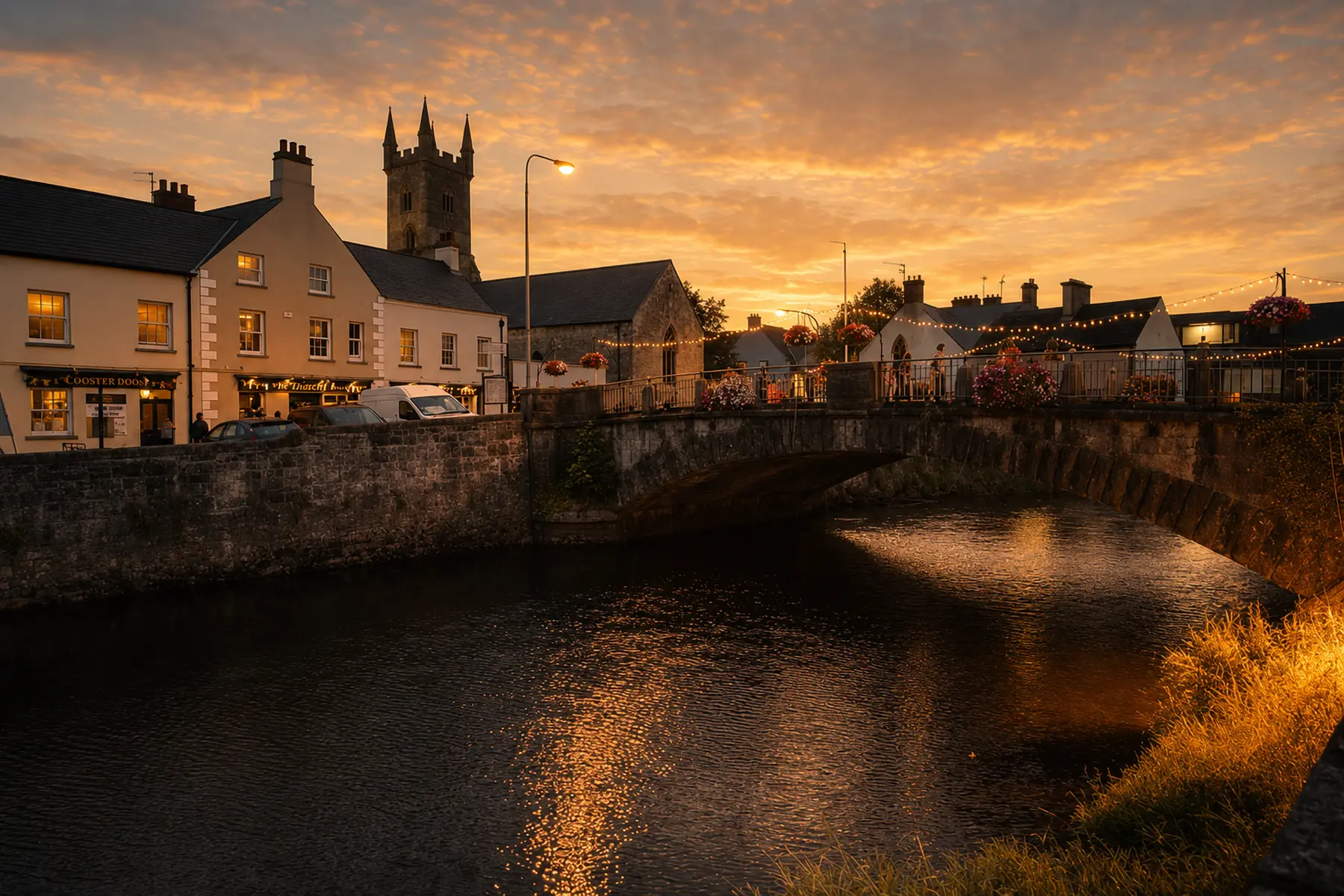 A stone bridge crossing a calm river in a European village at sunset, with warm streetlights illuminating buildings and a church tower against a vibrant orange and yellow sky.