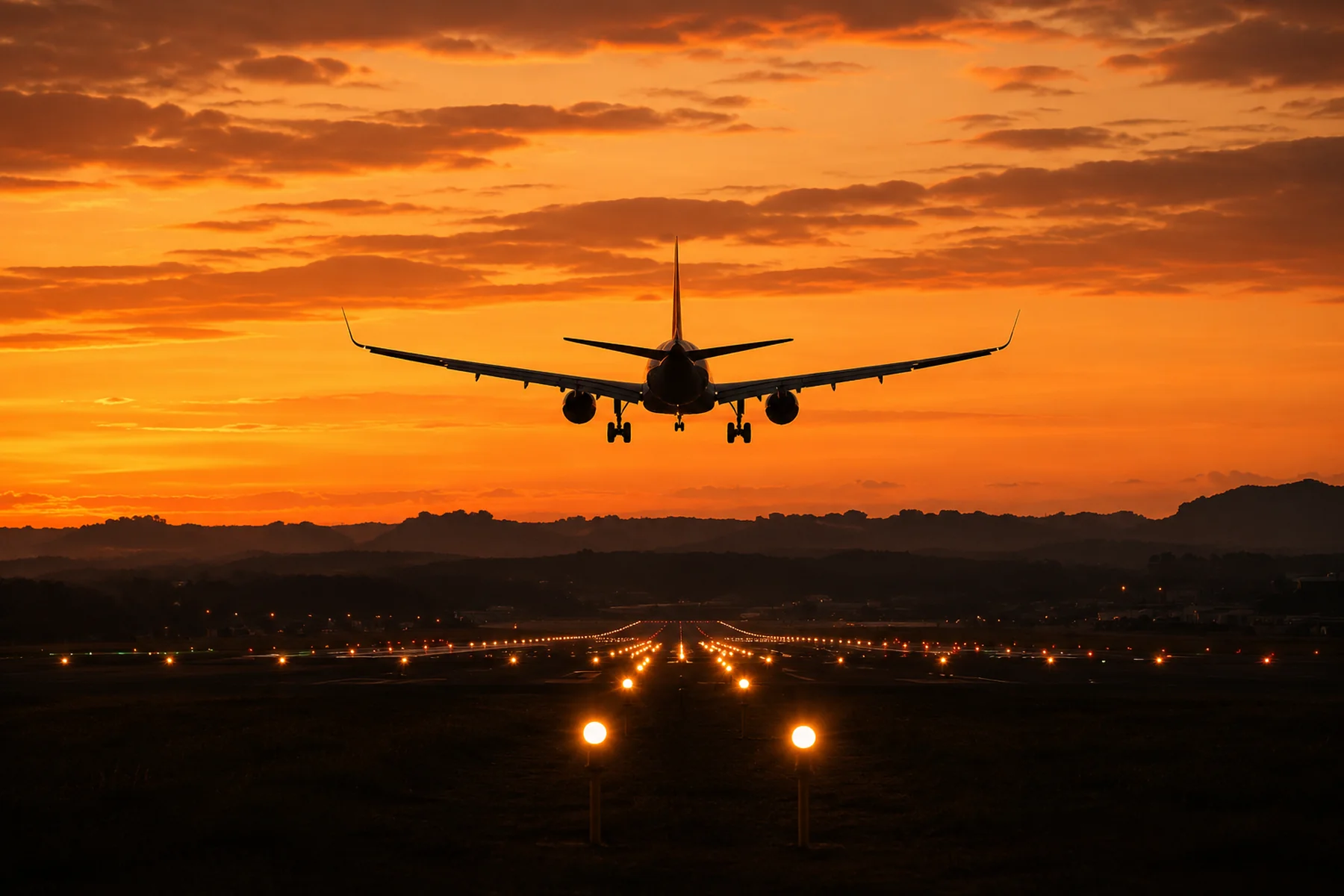 Airplane landing on a runway during a vibrant sunset